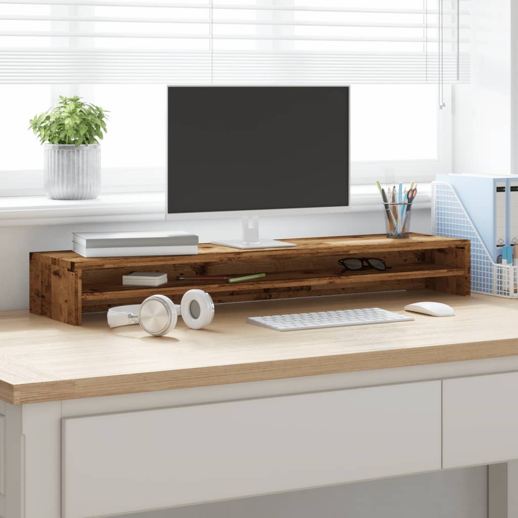 Monitorstandaard 100x24x13 cm bewerkt hout oud houtkleurig is nu te koop bij PeponiXL, paradijselijk wonen!