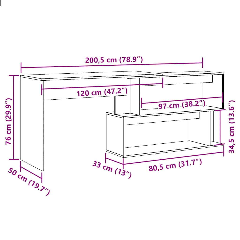 Hoekbureau 200,5x50x76 cm bewerkt hout oud houtkleurig is nu te koop bij PeponiXL, paradijselijk wonen!