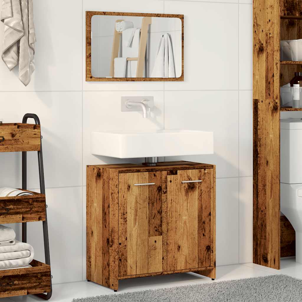 Badkamerkast met spiegel bewerkt hout oud houtkleurig is nu te koop bij PeponiXL, paradijselijk wonen!