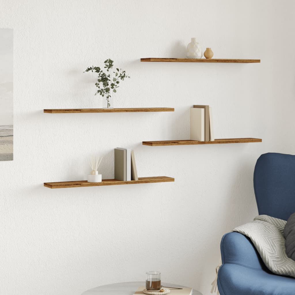 Wandschappen 4 st 60x10x1,5 cm bewerkt hout oud houtkleurig is nu te koop bij PeponiXL, paradijselijk wonen!