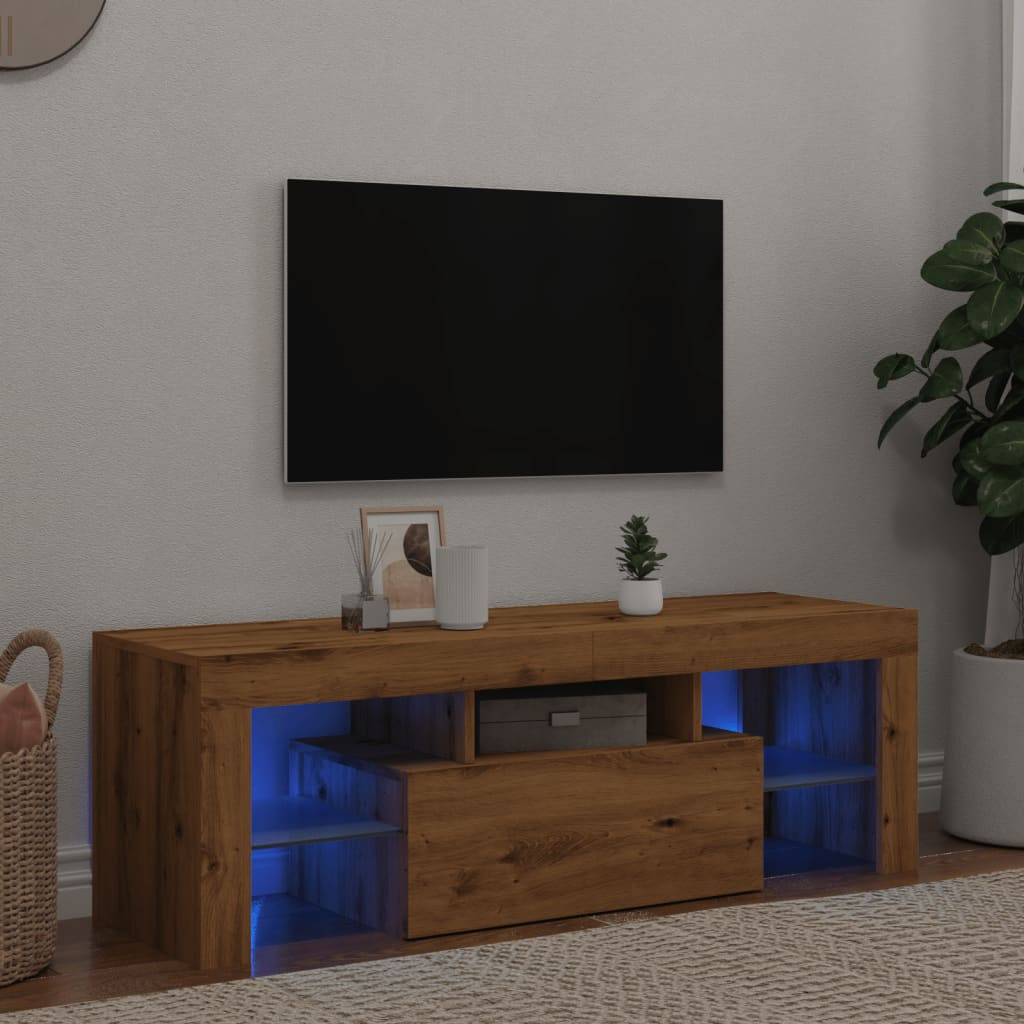 Tv-meubel met LED 120x36,5x40 cm bewerkt hout artisanaal eiken is nu te koop bij PeponiXL, paradijselijk wonen!
