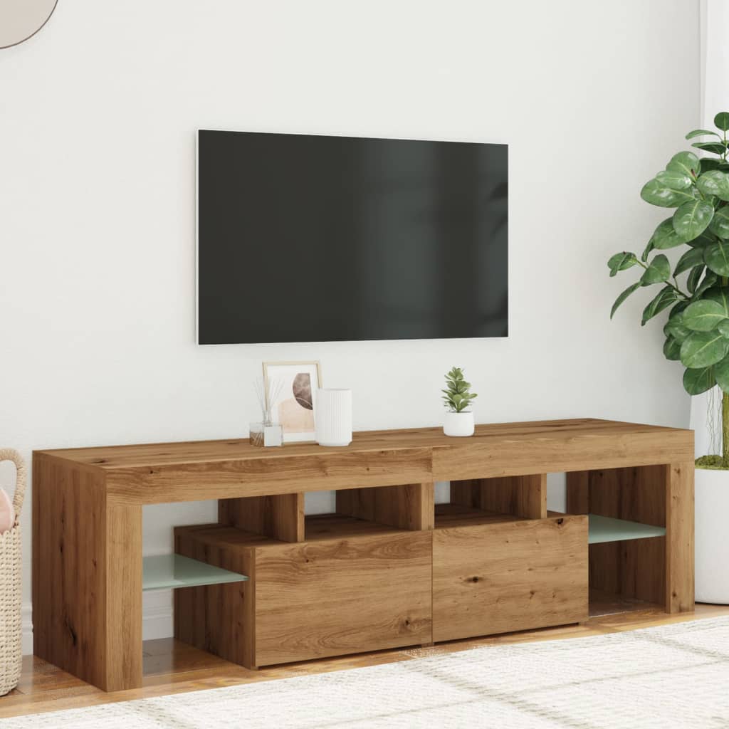 Tv-meubel met LED 140x36,5x40 cm bewerkt hout artisanaal eiken is nu te koop bij PeponiXL, paradijselijk wonen!