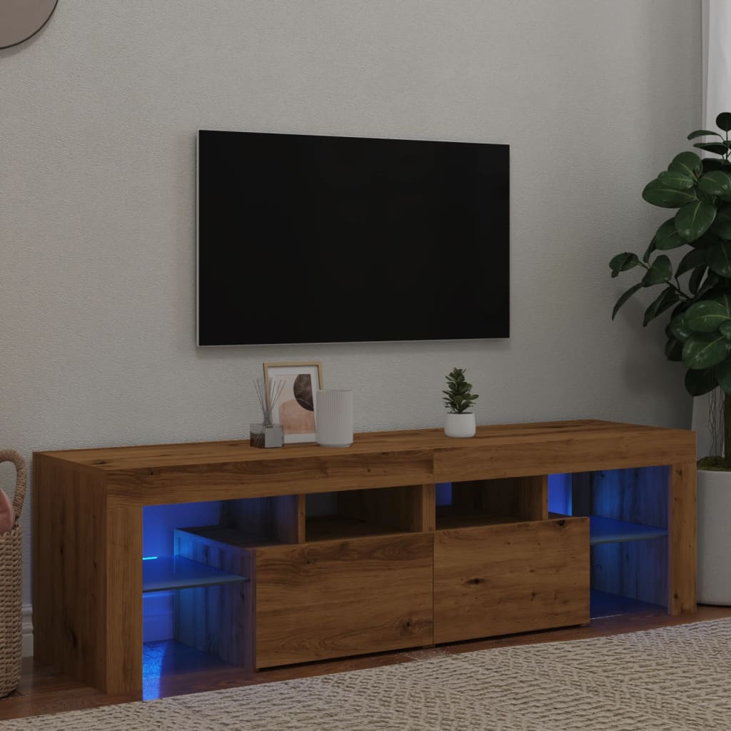 Tv-meubel met LED 140x36,5x40 cm bewerkt hout artisanaal eiken is nu te koop bij PeponiXL, paradijselijk wonen!