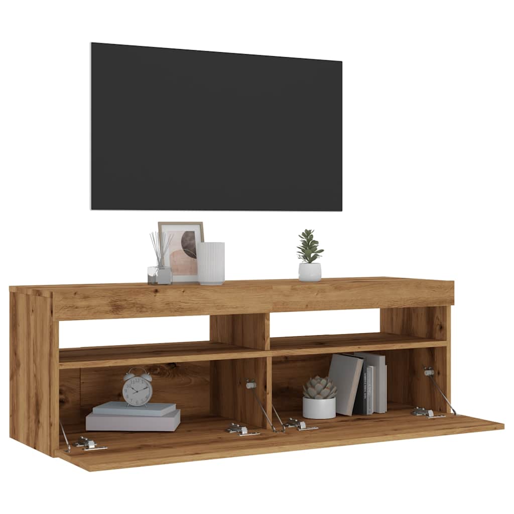 Tv-meubel met LED 120x35x40 cm bewerkt hout artisanaal eiken is nu te koop bij PeponiXL, paradijselijk wonen!