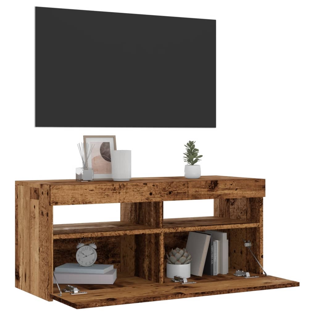 Tv-meubel met LED 90x35x40 cm bewerkt hout oud hout is nu te koop bij PeponiXL, paradijselijk wonen!