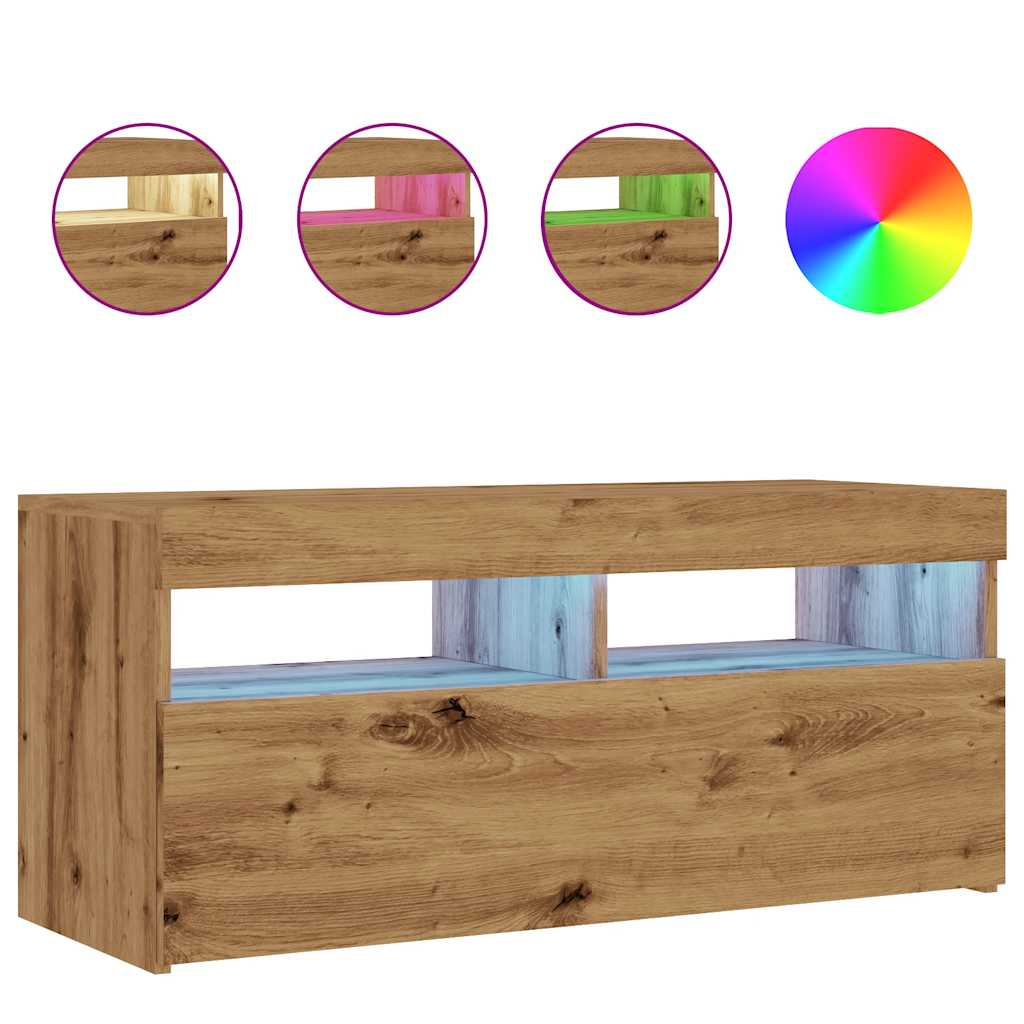 Tv-meubel met LED 90x35x40 cm bewerkt hout artisanaal eiken is nu te koop bij PeponiXL, paradijselijk wonen!