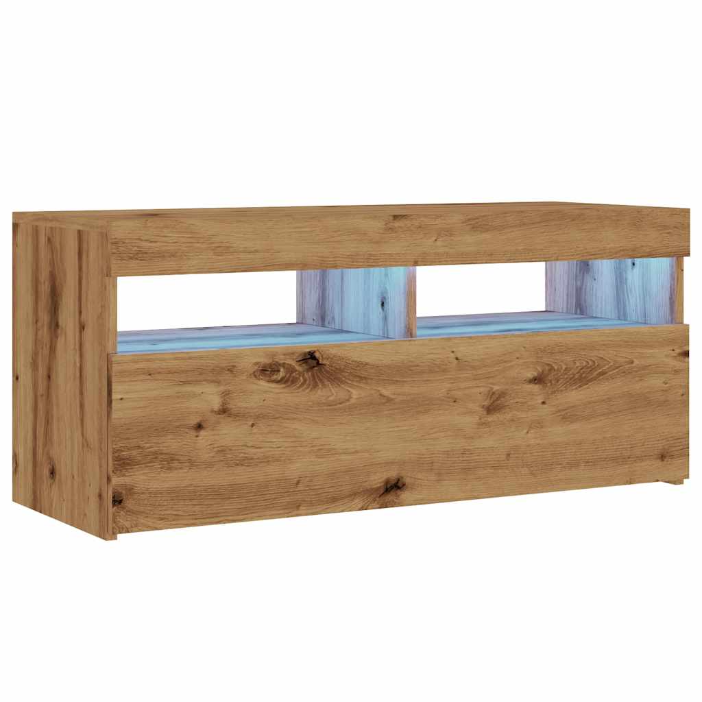Tv-meubel met LED 90x35x40 cm bewerkt hout artisanaal eiken is nu te koop bij PeponiXL, paradijselijk wonen!