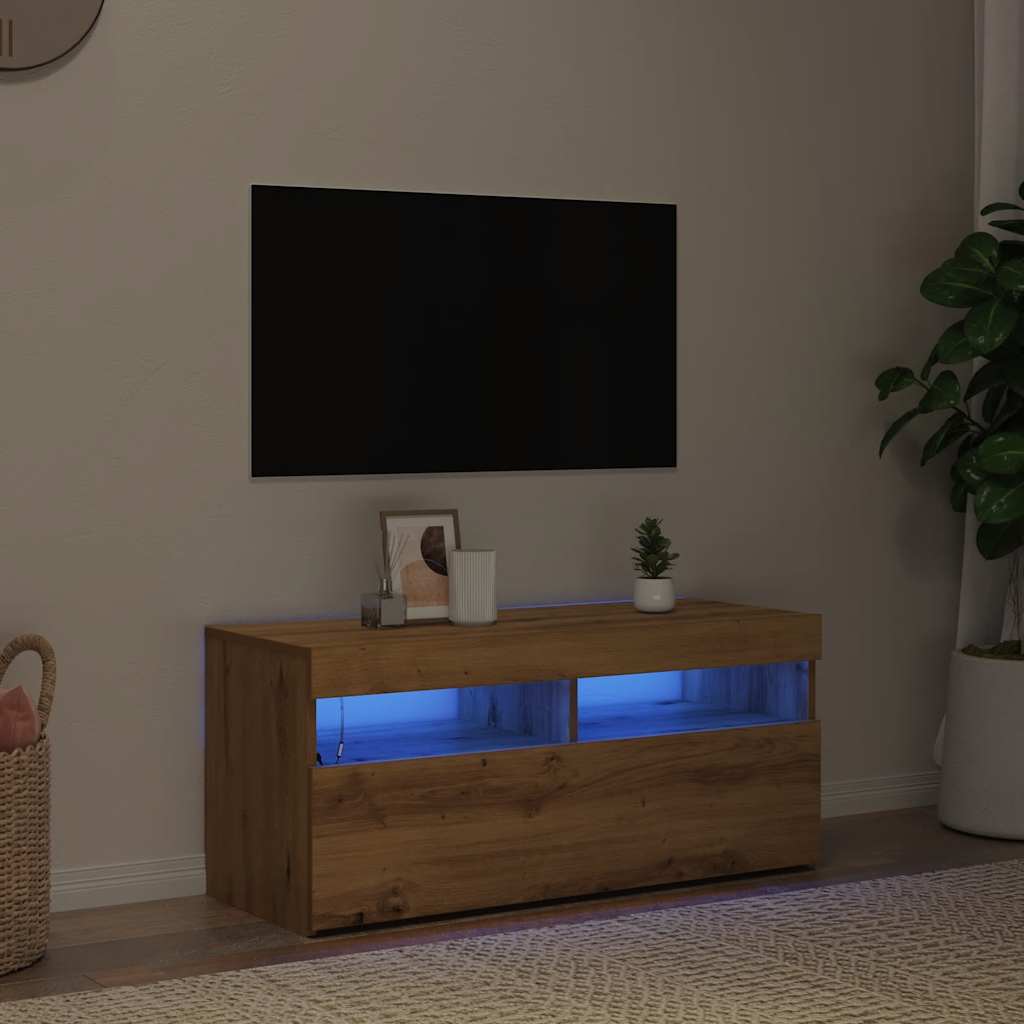 Tv-meubel met LED 90x35x40 cm bewerkt hout artisanaal eiken is nu te koop bij PeponiXL, paradijselijk wonen!