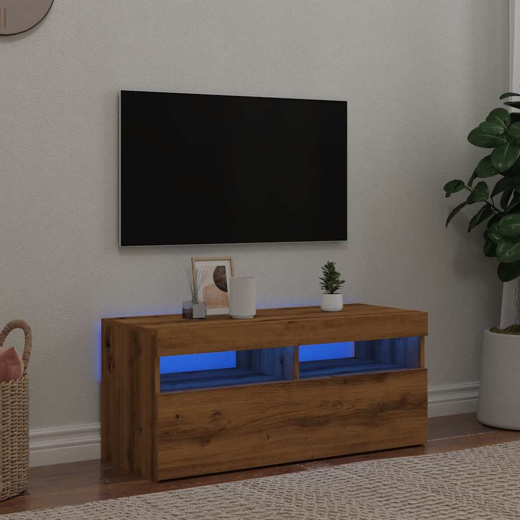 Tv-meubel met LED 90x35x40 cm bewerkt hout artisanaal eiken is nu te koop bij PeponiXL, paradijselijk wonen!