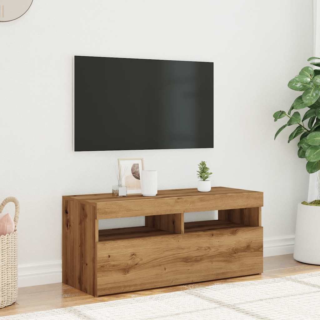Tv-meubel met LED 90x35x40 cm bewerkt hout artisanaal eiken is nu te koop bij PeponiXL, paradijselijk wonen!