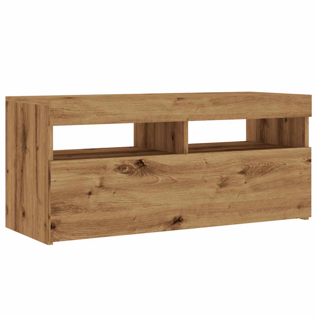 Tv-meubel met LED 90x35x40 cm bewerkt hout artisanaal eiken is nu te koop bij PeponiXL, paradijselijk wonen!