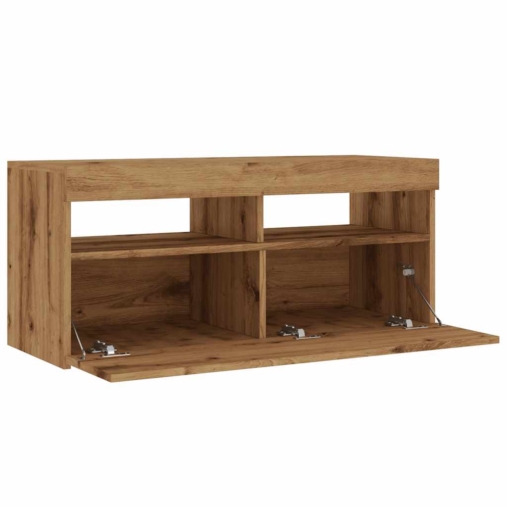 Tv-meubel met LED 90x35x40 cm bewerkt hout artisanaal eiken is nu te koop bij PeponiXL, paradijselijk wonen!