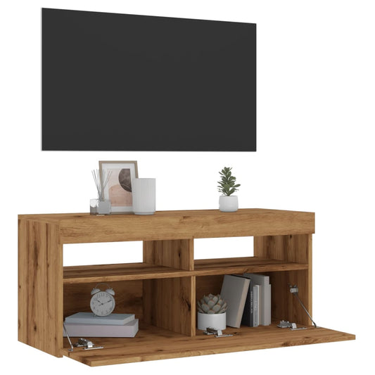 Tv-meubel met LED 90x35x40 cm bewerkt hout artisanaal eiken is nu te koop bij PeponiXL, paradijselijk wonen!