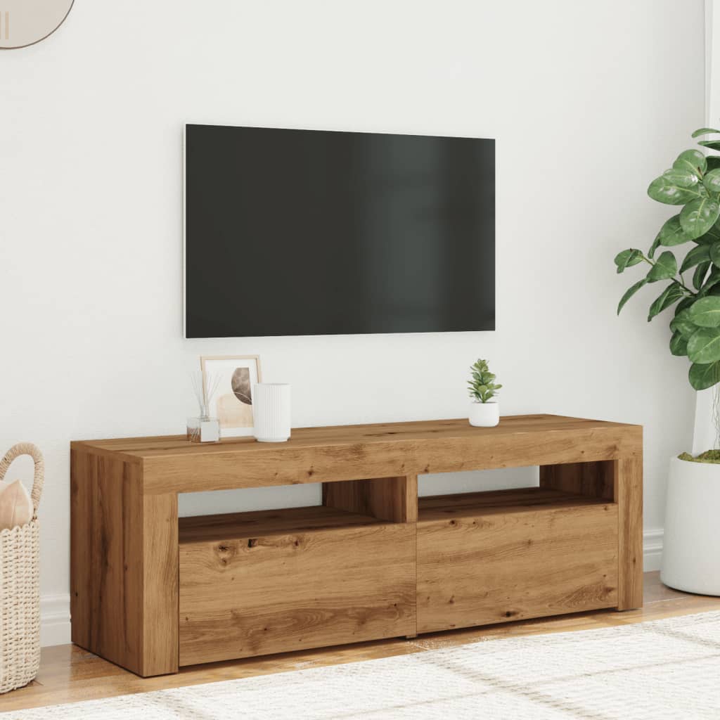 Tv-meubel met LED 120x35x40 cm bewerkt hout artisanaal eiken is nu te koop bij PeponiXL, paradijselijk wonen!