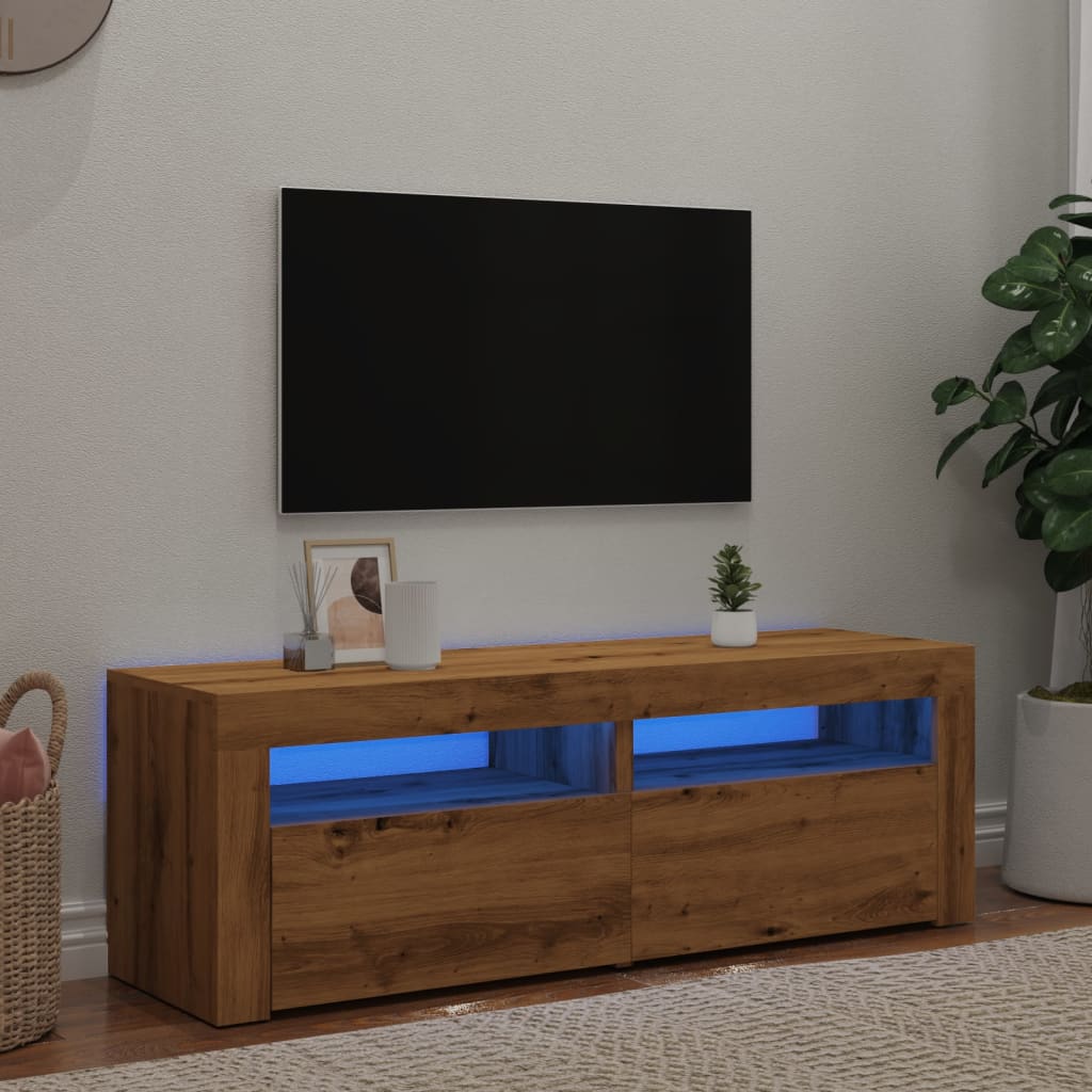 Tv-meubel met LED 120x35x40 cm bewerkt hout artisanaal eiken is nu te koop bij PeponiXL, paradijselijk wonen!