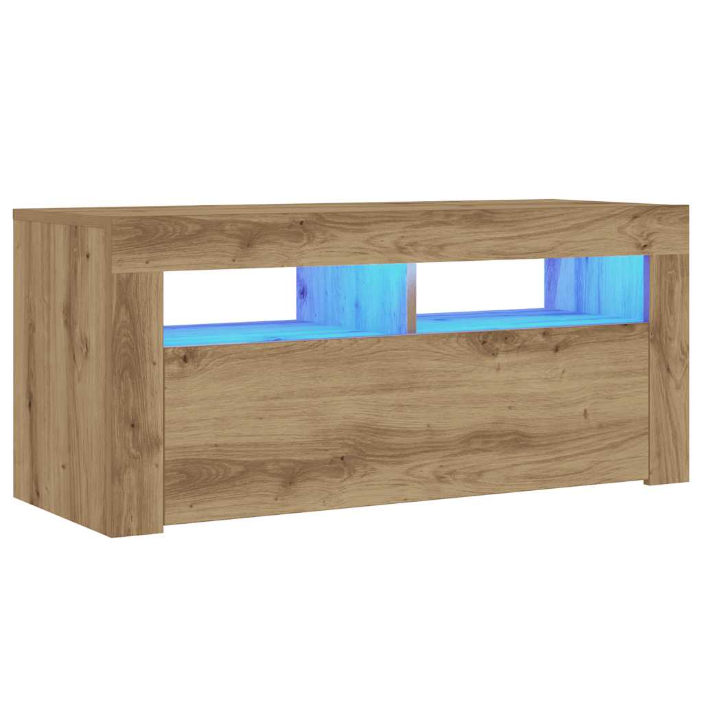 Tv-meubel met LED 90x35x40 cm bewerkt hout artisanaal eiken is nu te koop bij PeponiXL, paradijselijk wonen!