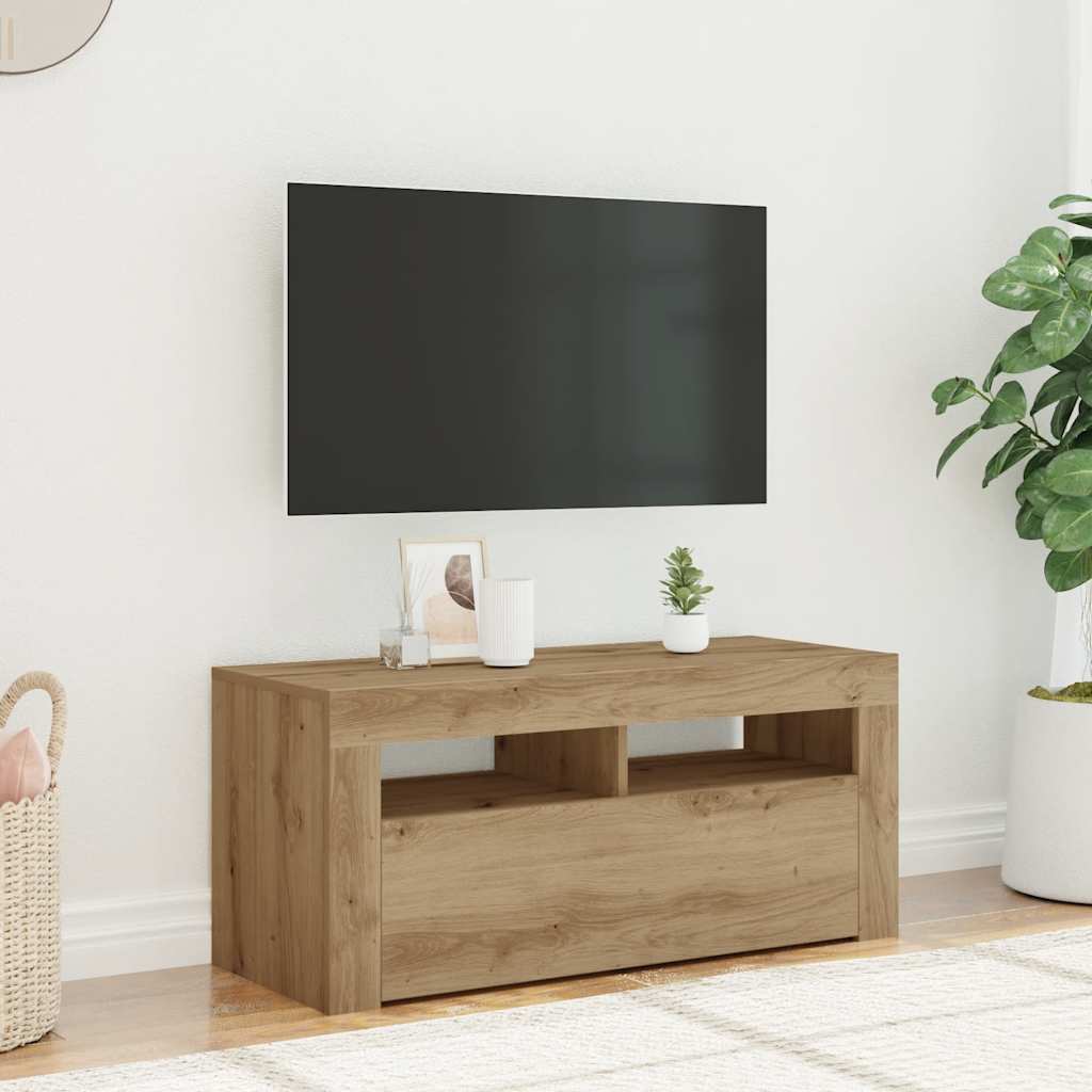 Tv-meubel met LED 90x35x40 cm bewerkt hout artisanaal eiken is nu te koop bij PeponiXL, paradijselijk wonen!