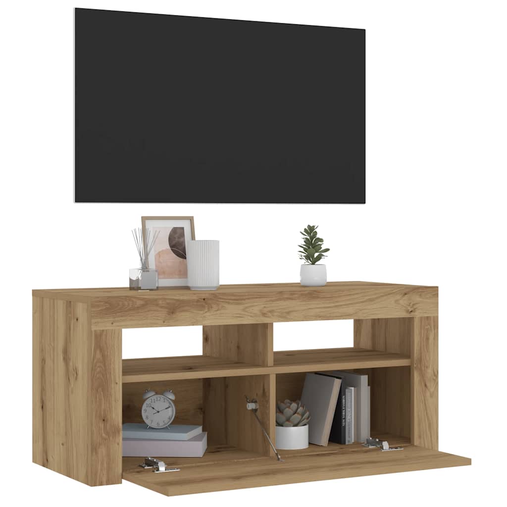 Tv-meubel met LED 90x35x40 cm bewerkt hout artisanaal eiken is nu te koop bij PeponiXL, paradijselijk wonen!