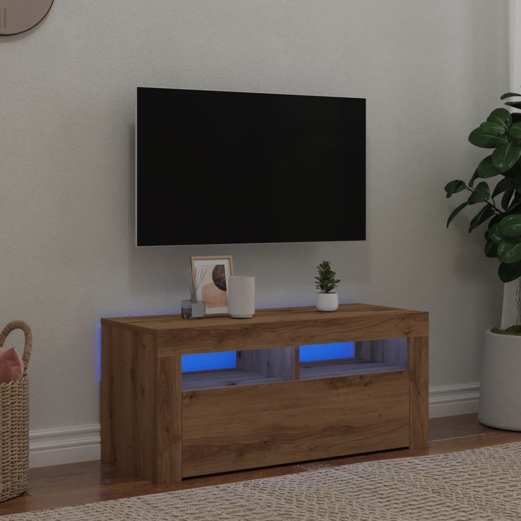 Tv-meubel met LED 90x35x40 cm bewerkt hout artisanaal eiken is nu te koop bij PeponiXL, paradijselijk wonen!