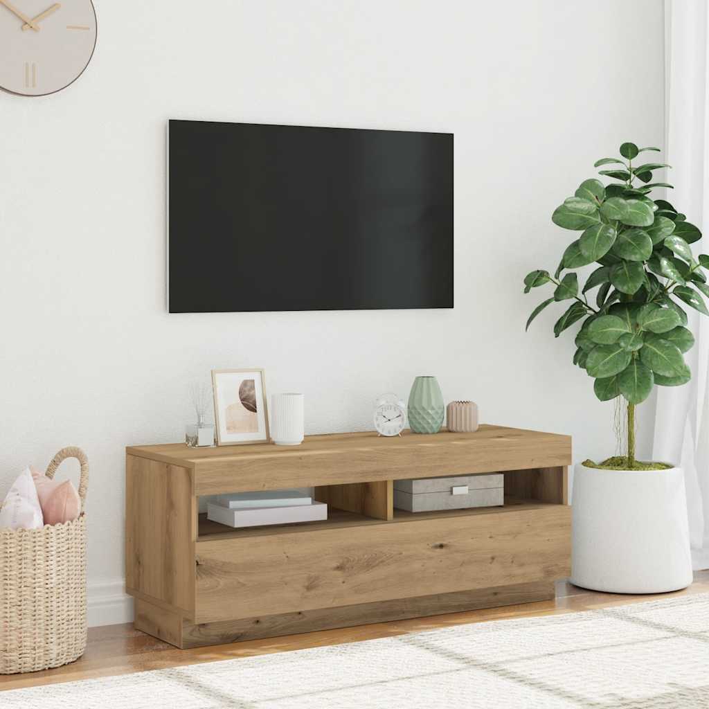 Tv-meubel met LED 100x35x40 cm bewerkt hout artisanaal eiken is nu te koop bij PeponiXL, paradijselijk wonen!