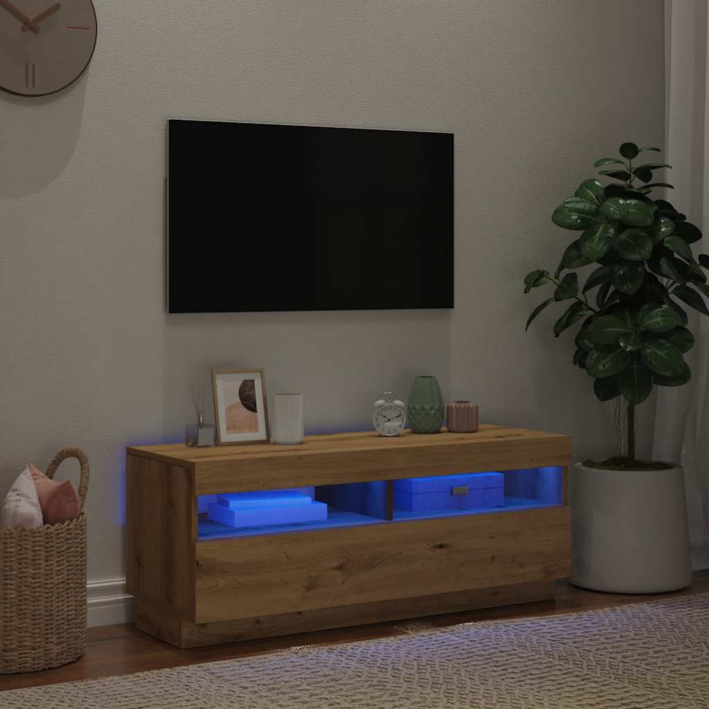 Tv-meubel met LED 100x35x40 cm bewerkt hout artisanaal eiken is nu te koop bij PeponiXL, paradijselijk wonen!