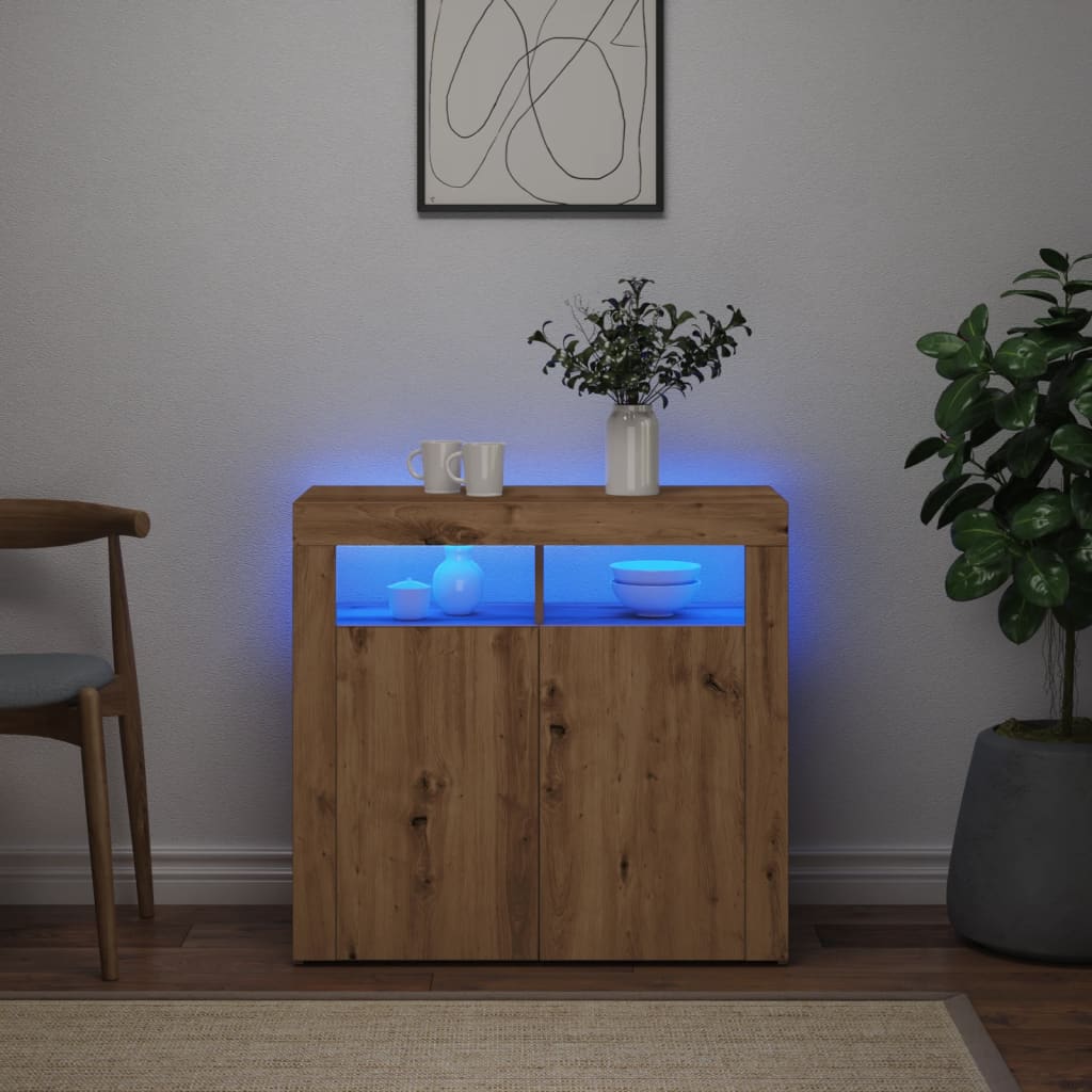 Dressoir met LED 80x35x75 cm bewerkt hout artisanaal eiken is nu te koop bij PeponiXL, paradijselijk wonen!