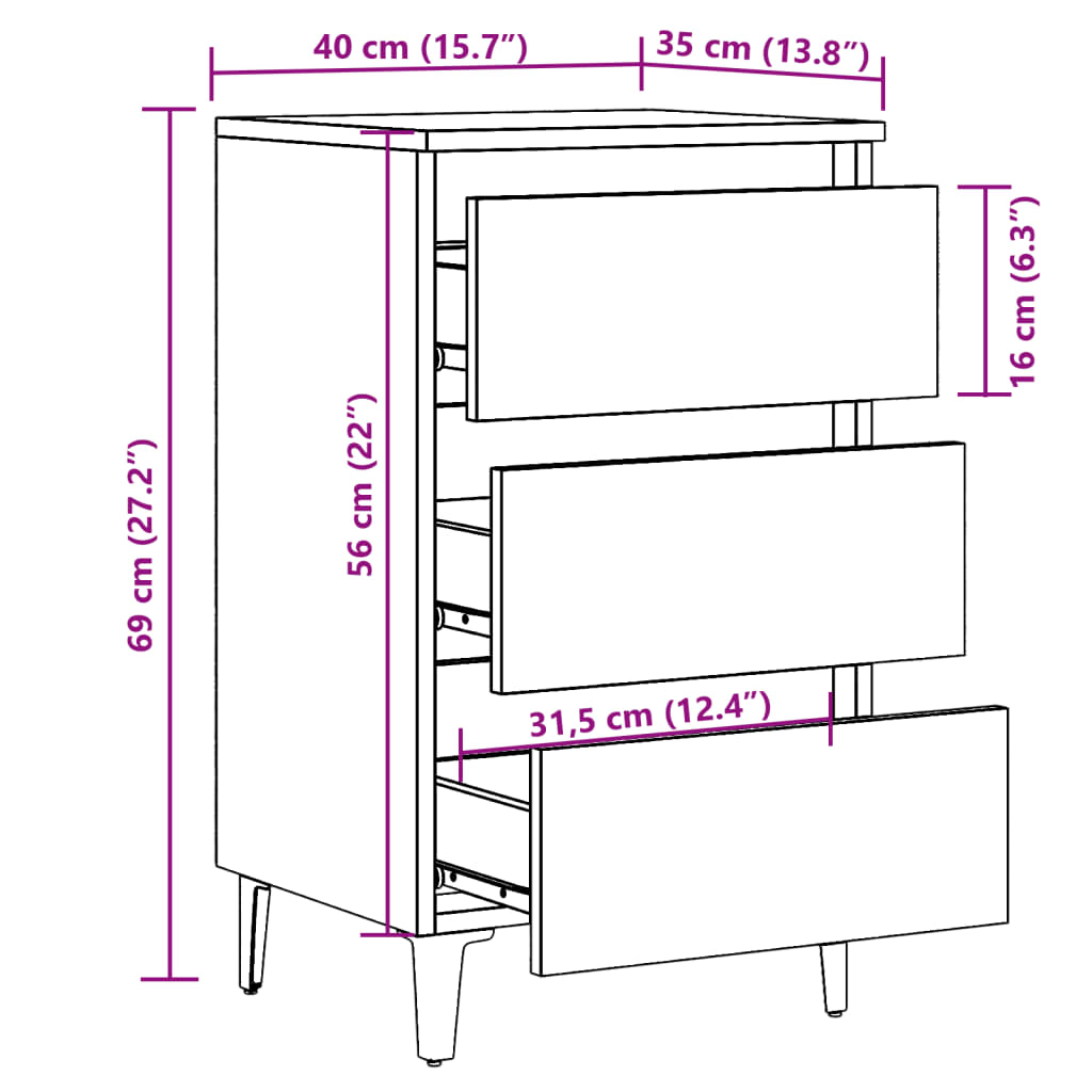 Nachtkastje met metalen poten 40x35x69 cm oud houtkleurig is nu te koop bij PeponiXL, paradijselijk wonen!