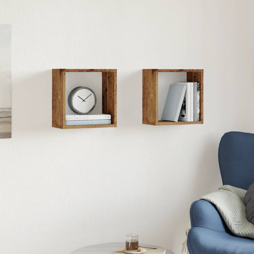 Wandschappen kubus 2 st 30x15x30cm bewerkt hout oud houtkleurig is nu te koop bij PeponiXL, paradijselijk wonen!