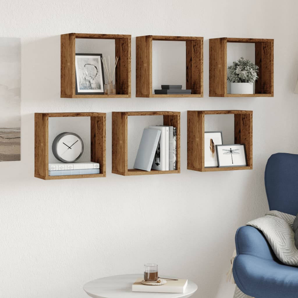 Wandschappen kubus 6 st 30x15x30cm bewerkt hout oud houtkleurig is nu te koop bij PeponiXL, paradijselijk wonen!