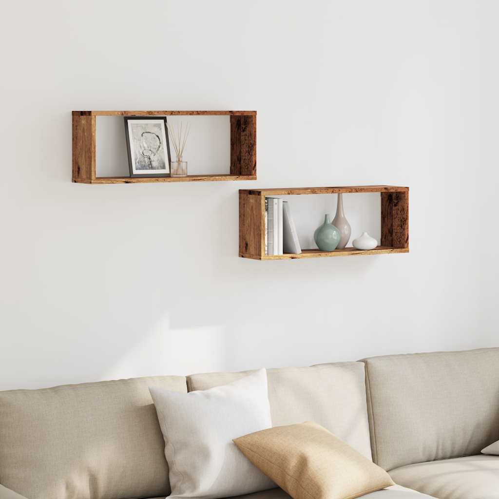 Wandschappen kubus 2 st 60x15x23 cm bewerkt hout oud houtkleur is nu te koop bij PeponiXL, paradijselijk wonen!