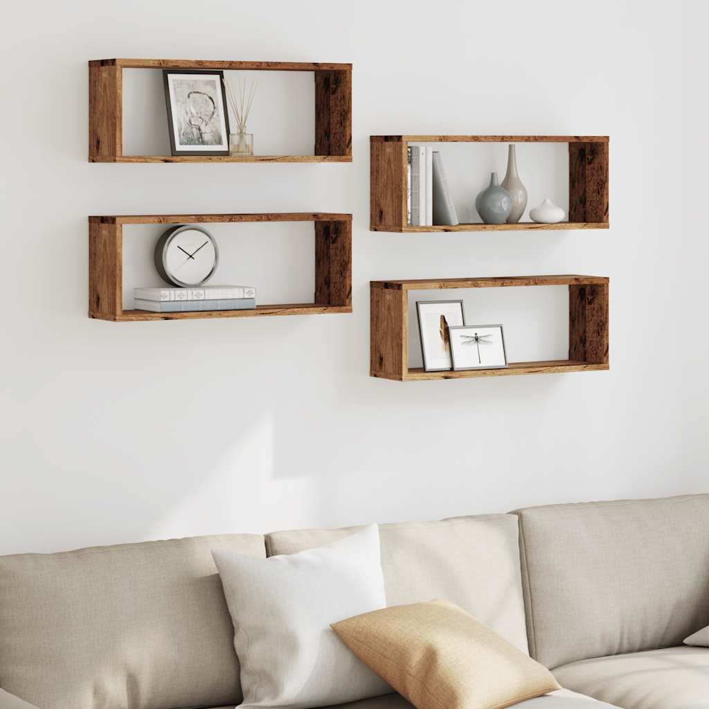 Wandschappen kubus 4 st 60x15x23 cm bewerkt hout oud houtkleur is nu te koop bij PeponiXL, paradijselijk wonen!