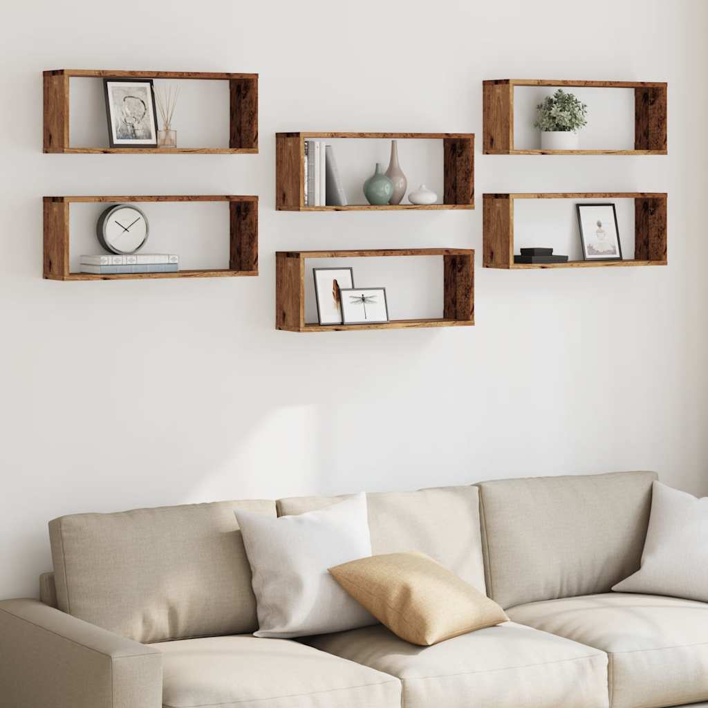 Wandschappen kubus 6 st 60x15x23 cm bewerkt hout oud houtkleur is nu te koop bij PeponiXL, paradijselijk wonen!