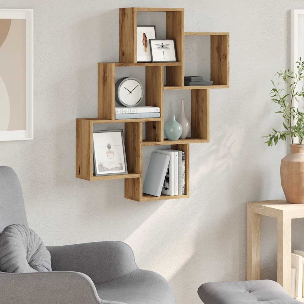 Wandschap kubus 78x15x93 cm bewerkt hout artisanaal eikenkleur is nu te koop bij PeponiXL, paradijselijk wonen!