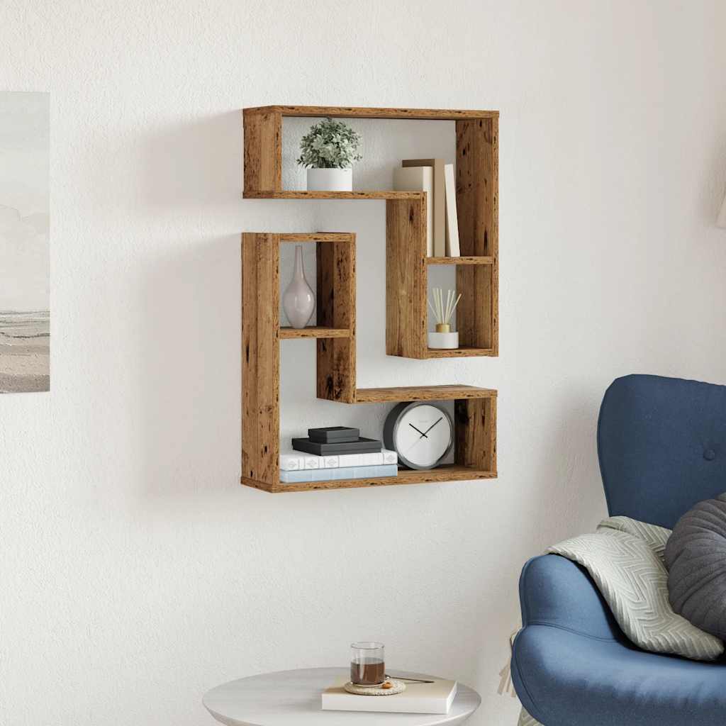 Wandschappen kubus 2 st 50x15x50 cm bewerkt hout oud houtkleur is nu te koop bij PeponiXL, paradijselijk wonen!