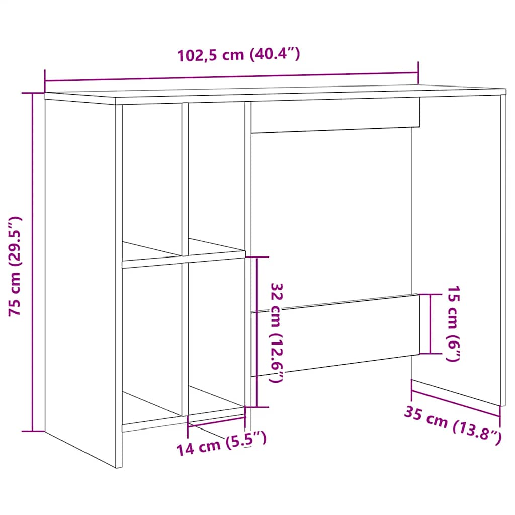 Bureau 102,5x35x75 cm bewerkt hout artisanaal eikenkleur is nu te koop bij PeponiXL, paradijselijk wonen!