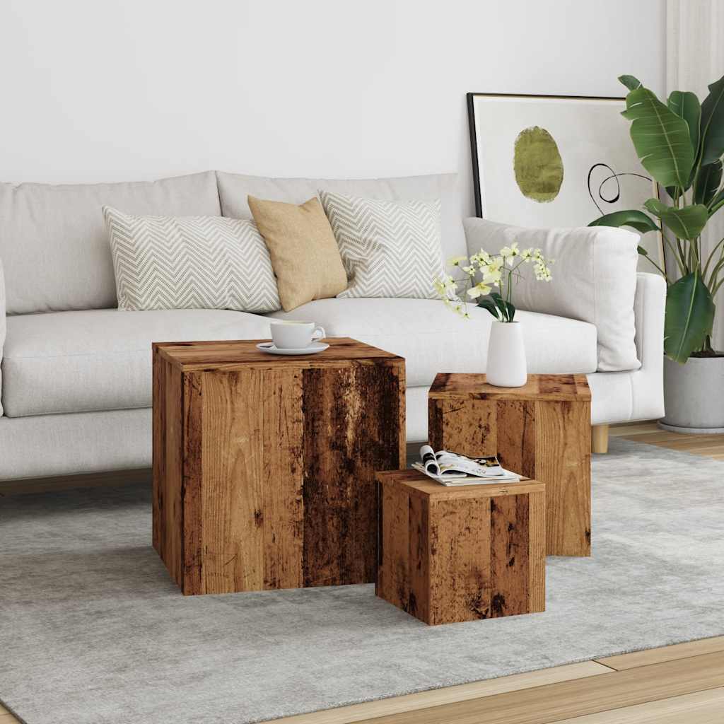 Bijzettafels 3 st bewerkt hout oud houtkleurig is nu te koop bij PeponiXL, paradijselijk wonen!