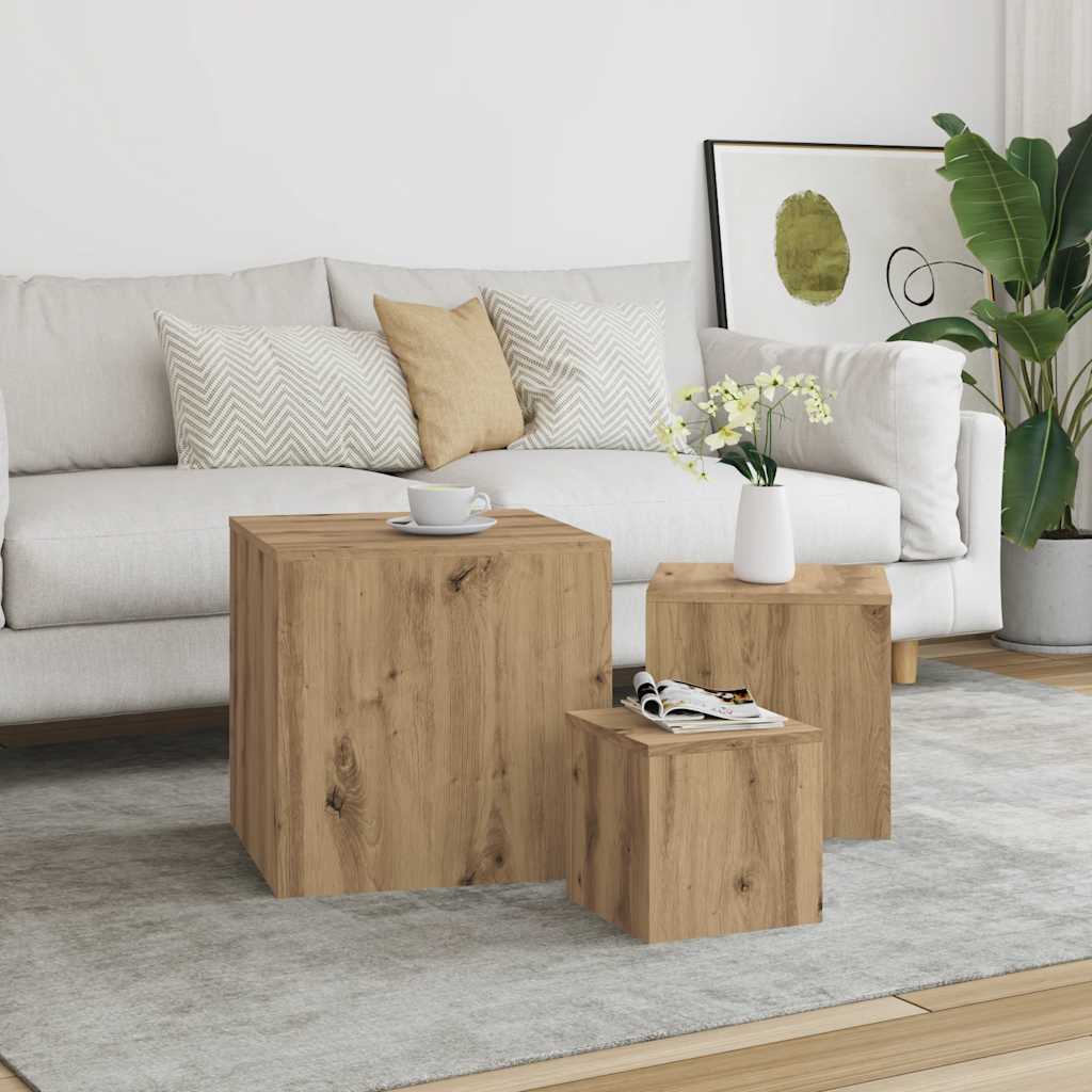 Bijzettafels 3 st bewerkt hout artisanaal eikenkleur is nu te koop bij PeponiXL, paradijselijk wonen!