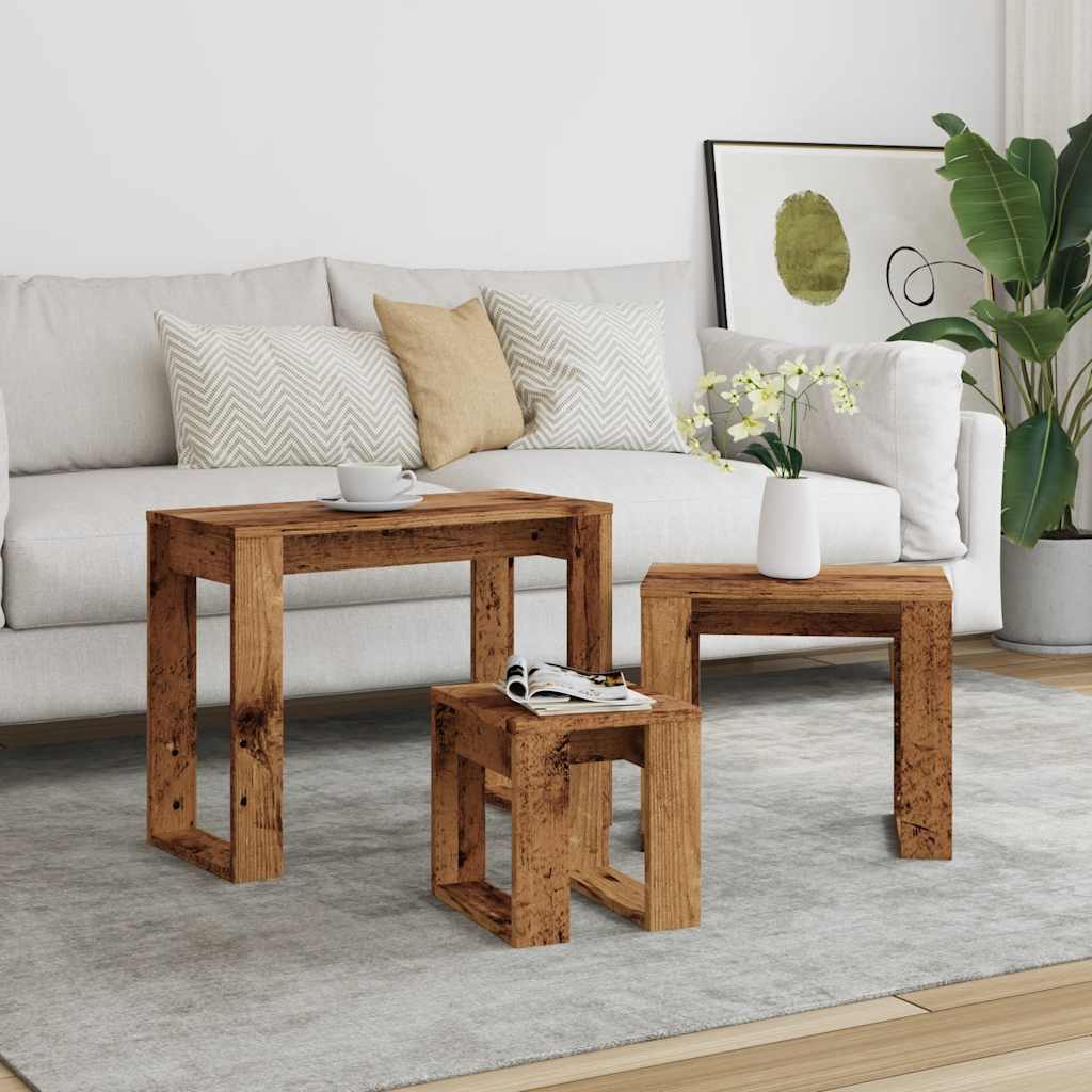 3-delige Bijzettafelset bewerkt hout oud houtkleurig is nu te koop bij PeponiXL, paradijselijk wonen!
