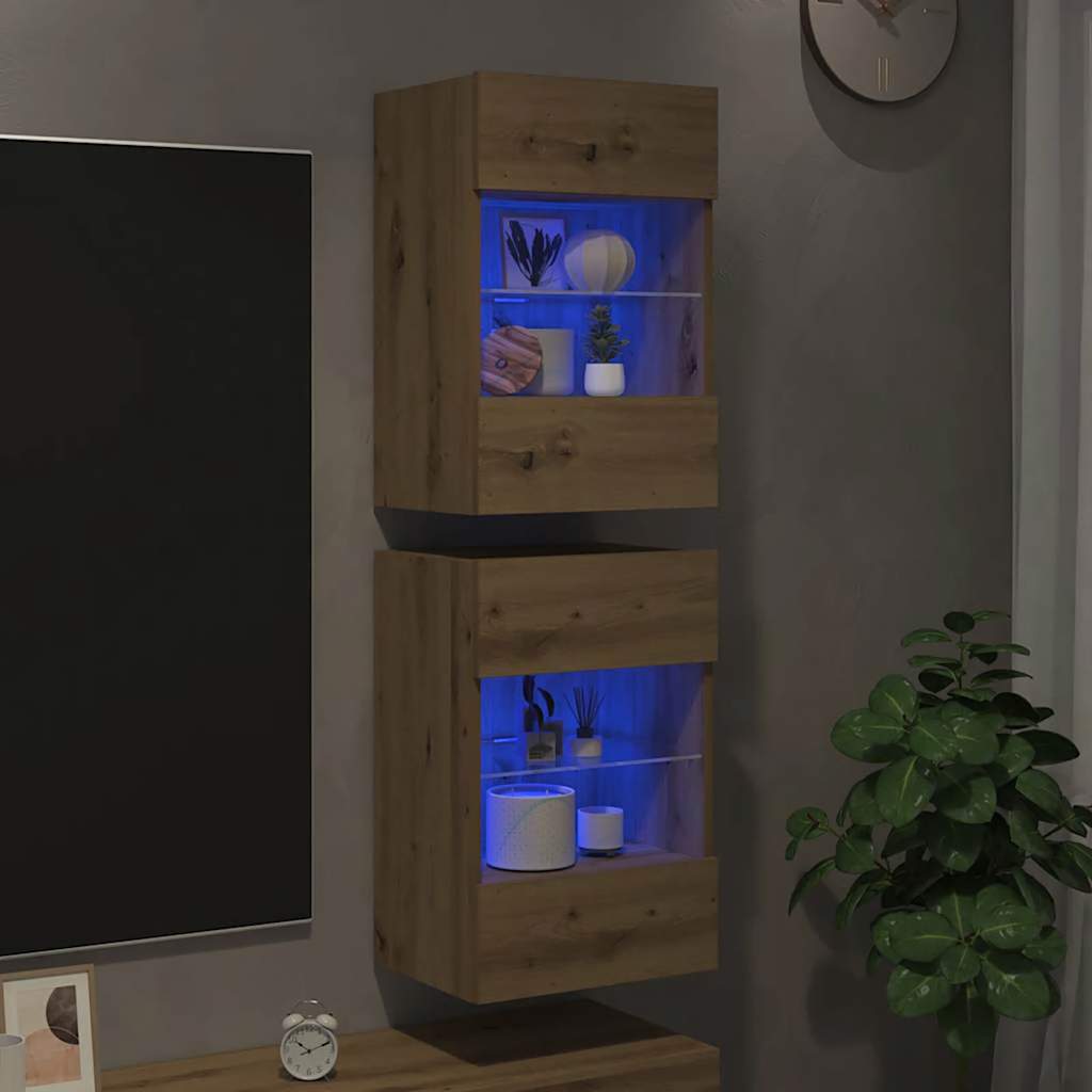Wandkasten met LED-verlichting voor tv 2 st 40x30x60,5 cm artisanaal eikenkleur is nu te koop bij PeponiXL, paradijselijk wonen!