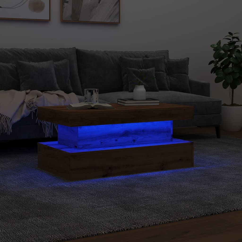 Salontafel met LED-verlichting 90x50x40cm artisanaal eikenkleur is nu te koop bij PeponiXL, paradijselijk wonen!