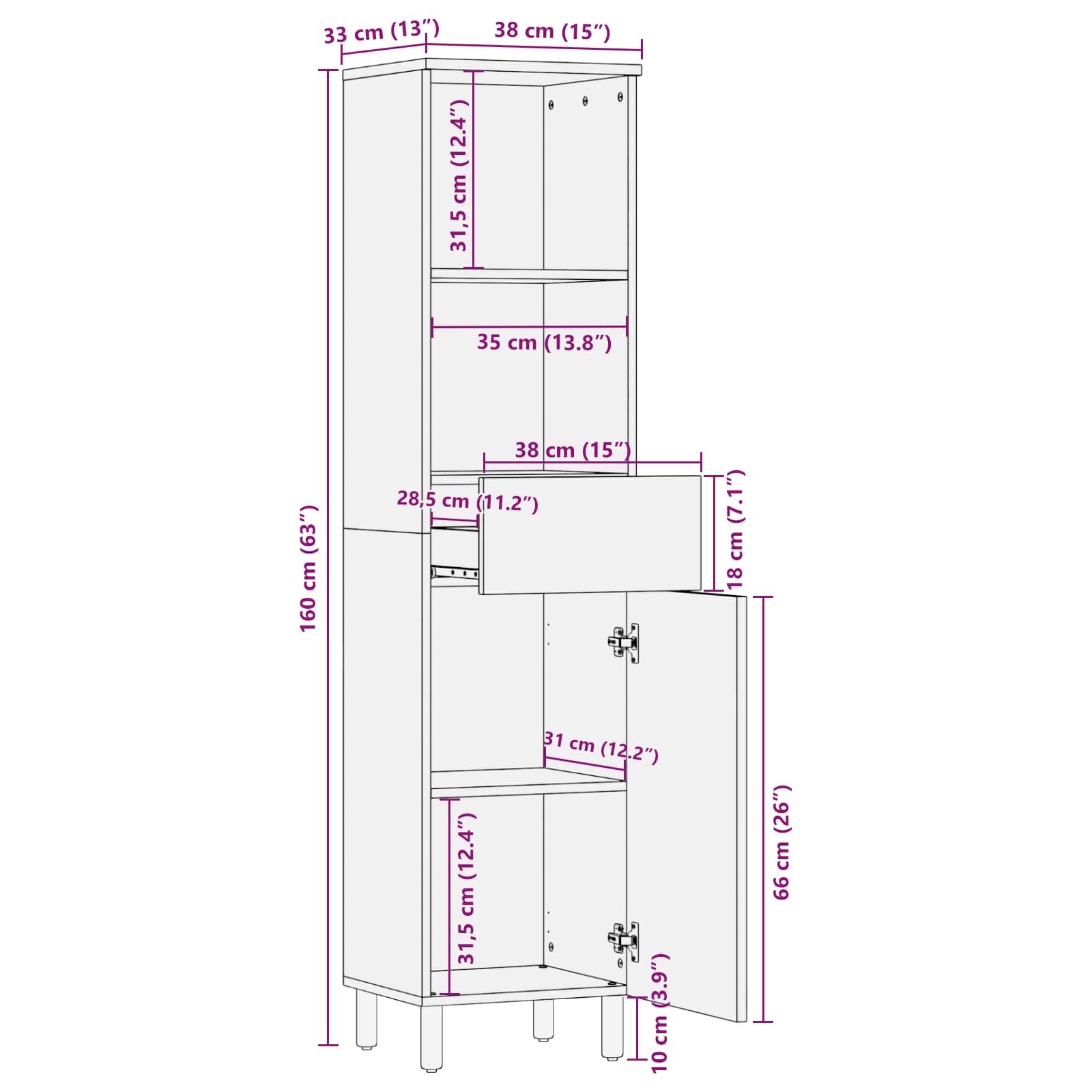 Badkamerkast Zwart en Wit 38 x 33 x 160 cm Massief Mango Hout is nu te koop bij PeponiXL, paradijselijk wonen!