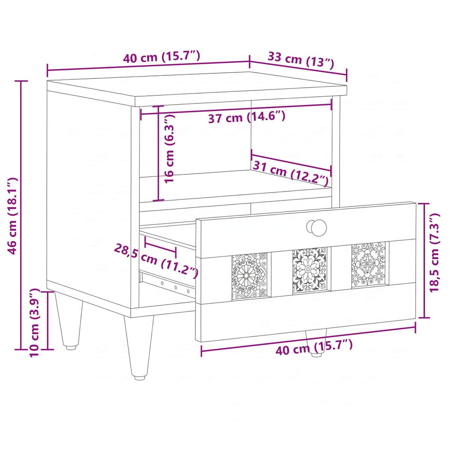 Nachtkastje met lade Naturel 40 x 33 x 46 cm Massief Mango Hout