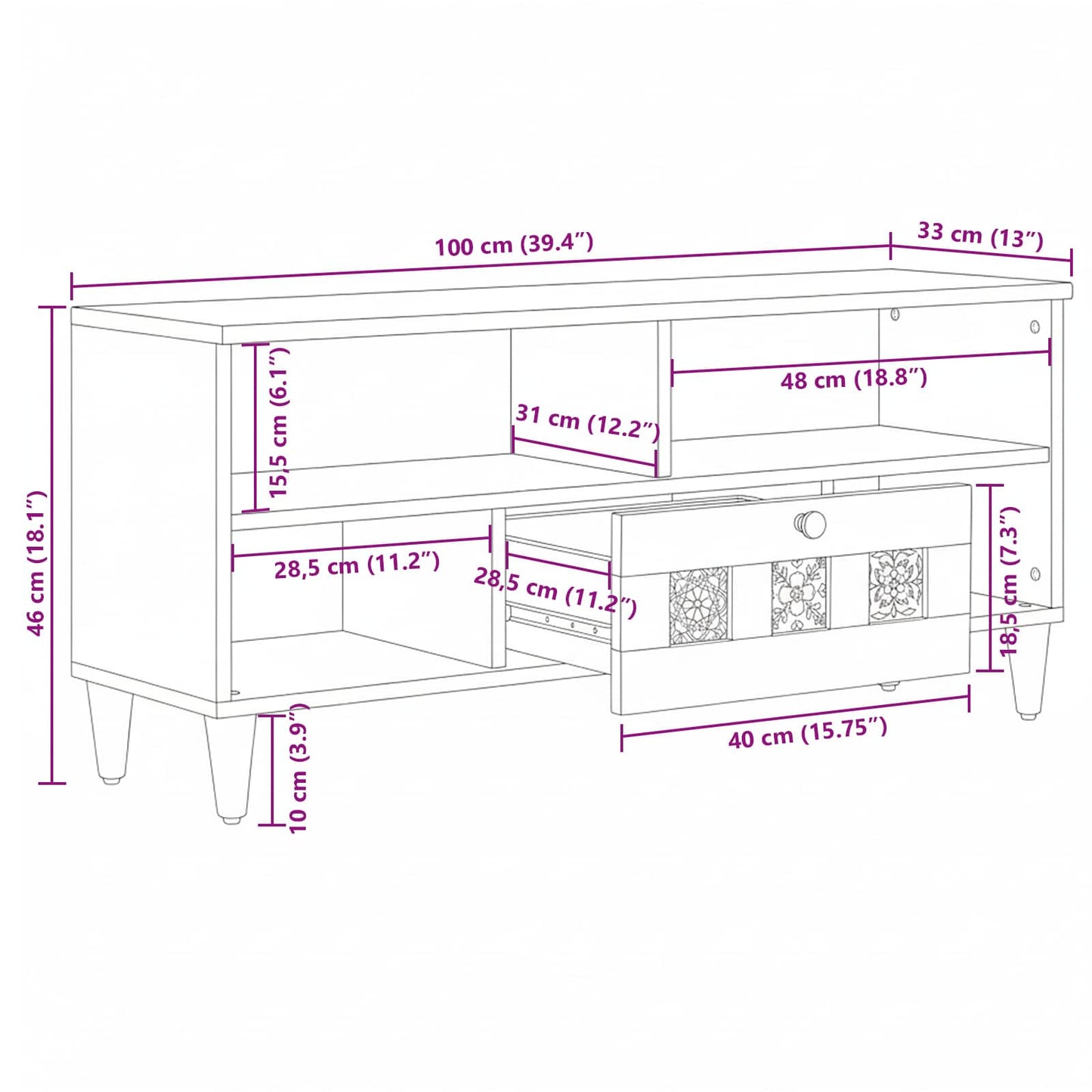 TV-kast met lade Naturel 100 x 33 x 46 cm Massief Mango Hout is nu te koop bij PeponiXL, paradijselijk wonen!