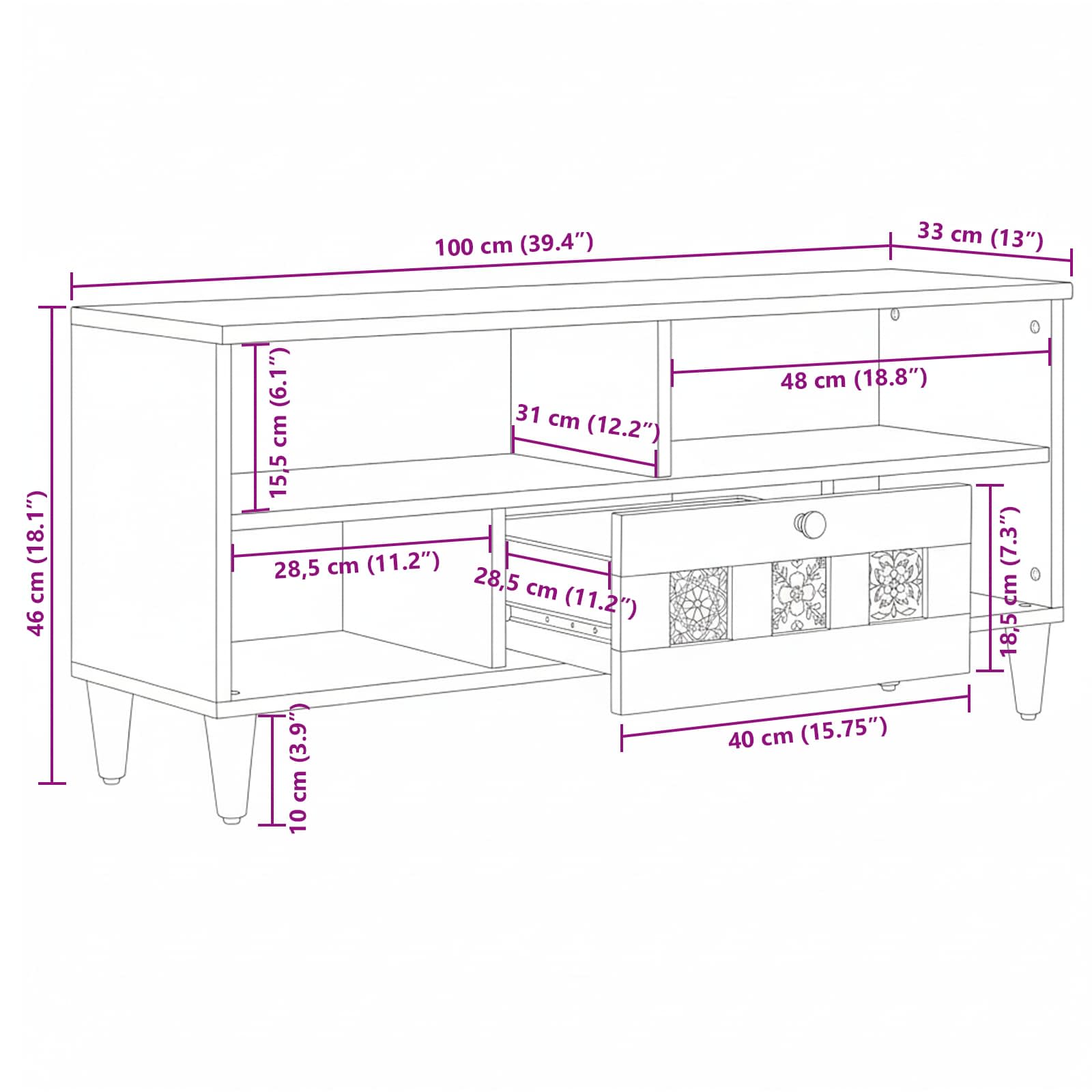 TV-kast met lade Naturel 100 x 33 x 46 cm Massief Mango Hout is nu te koop bij PeponiXL, paradijselijk wonen!