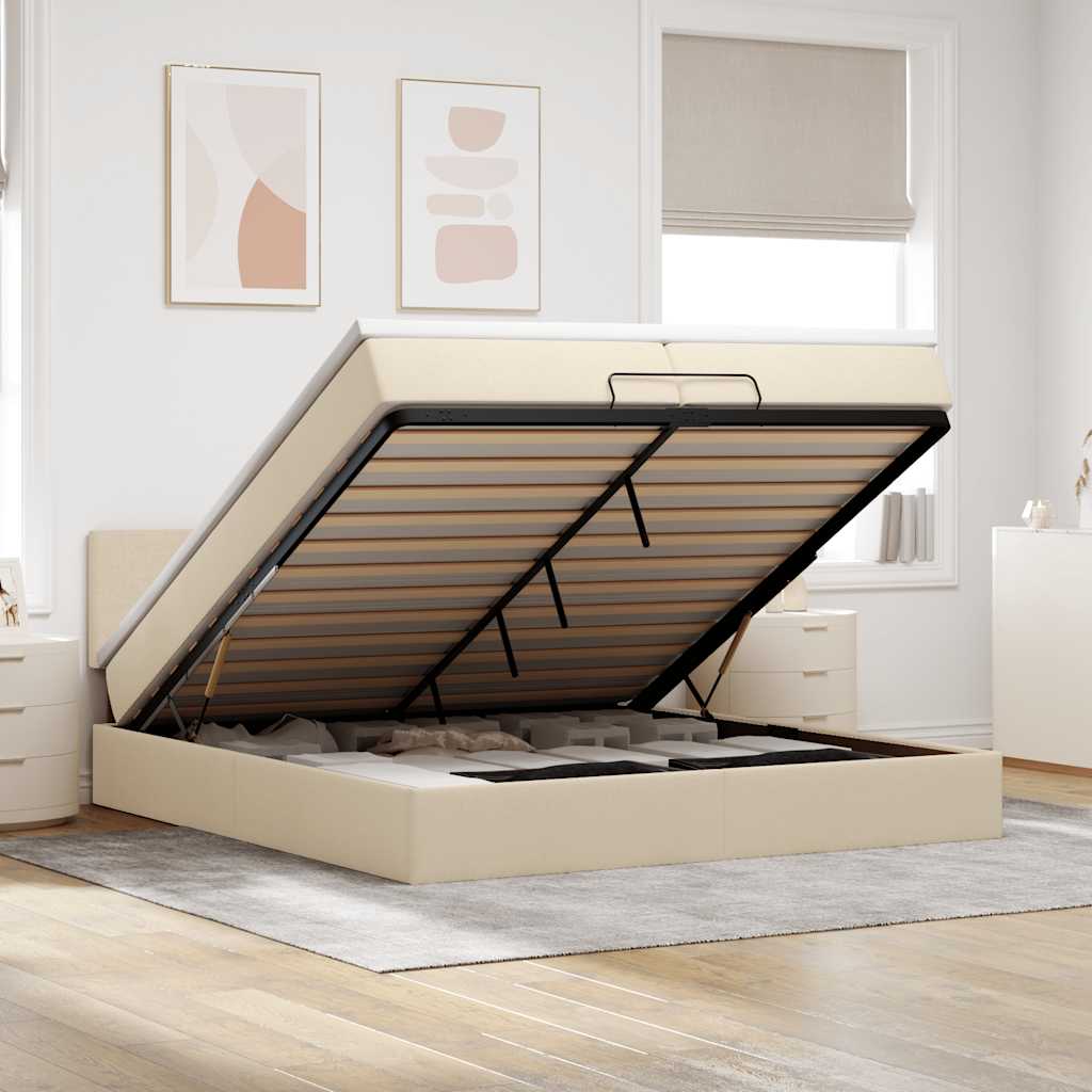 Ottoman bed met matras 200x200 cm stof crèmekleurig is nu te koop bij PeponiXL, paradijselijk wonen!