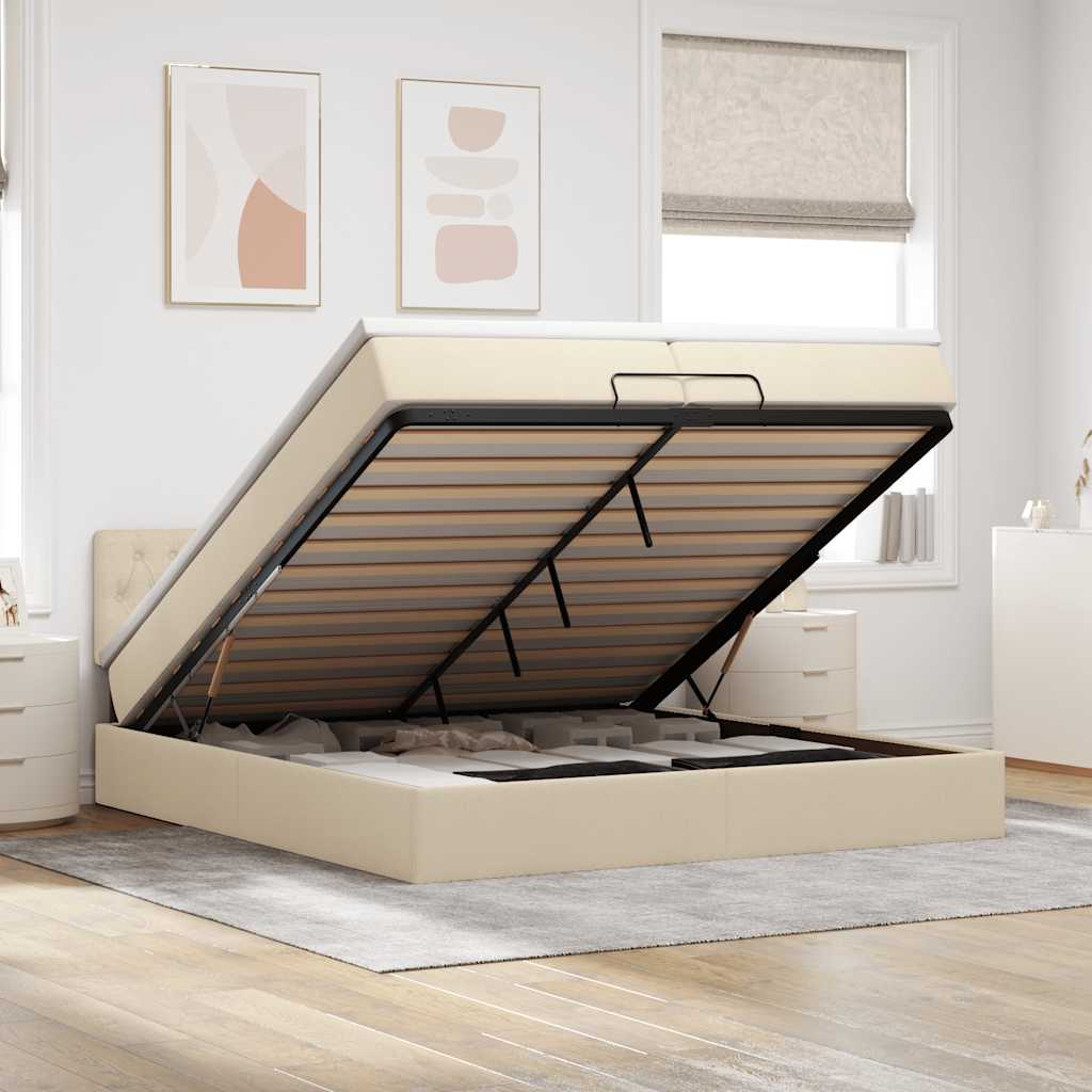 Ottoman bed met matras 200x200 cm stof crèmekleurig is nu te koop bij PeponiXL, paradijselijk wonen!