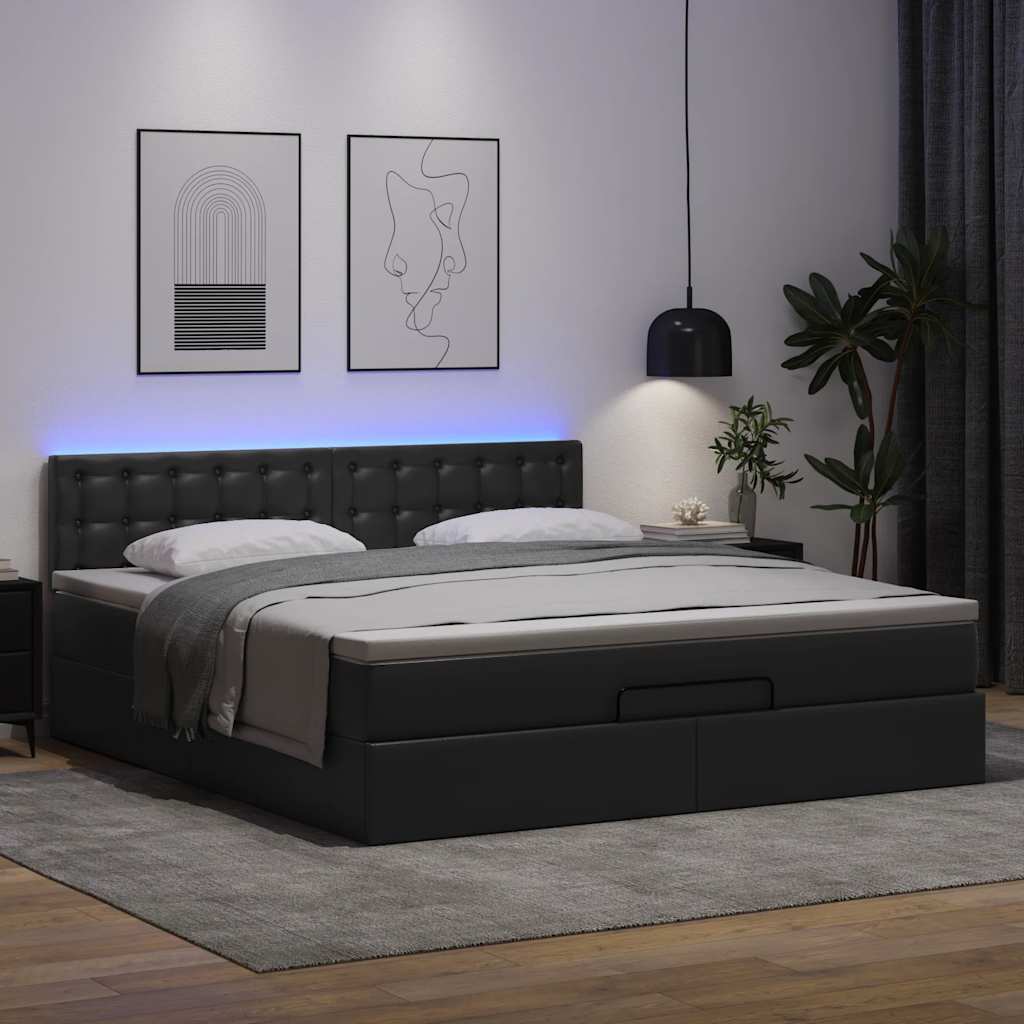 Bed poef met matrassen en LED's 160x200cm kunstleer zwart is nu te koop bij PeponiXL, paradijselijk wonen!