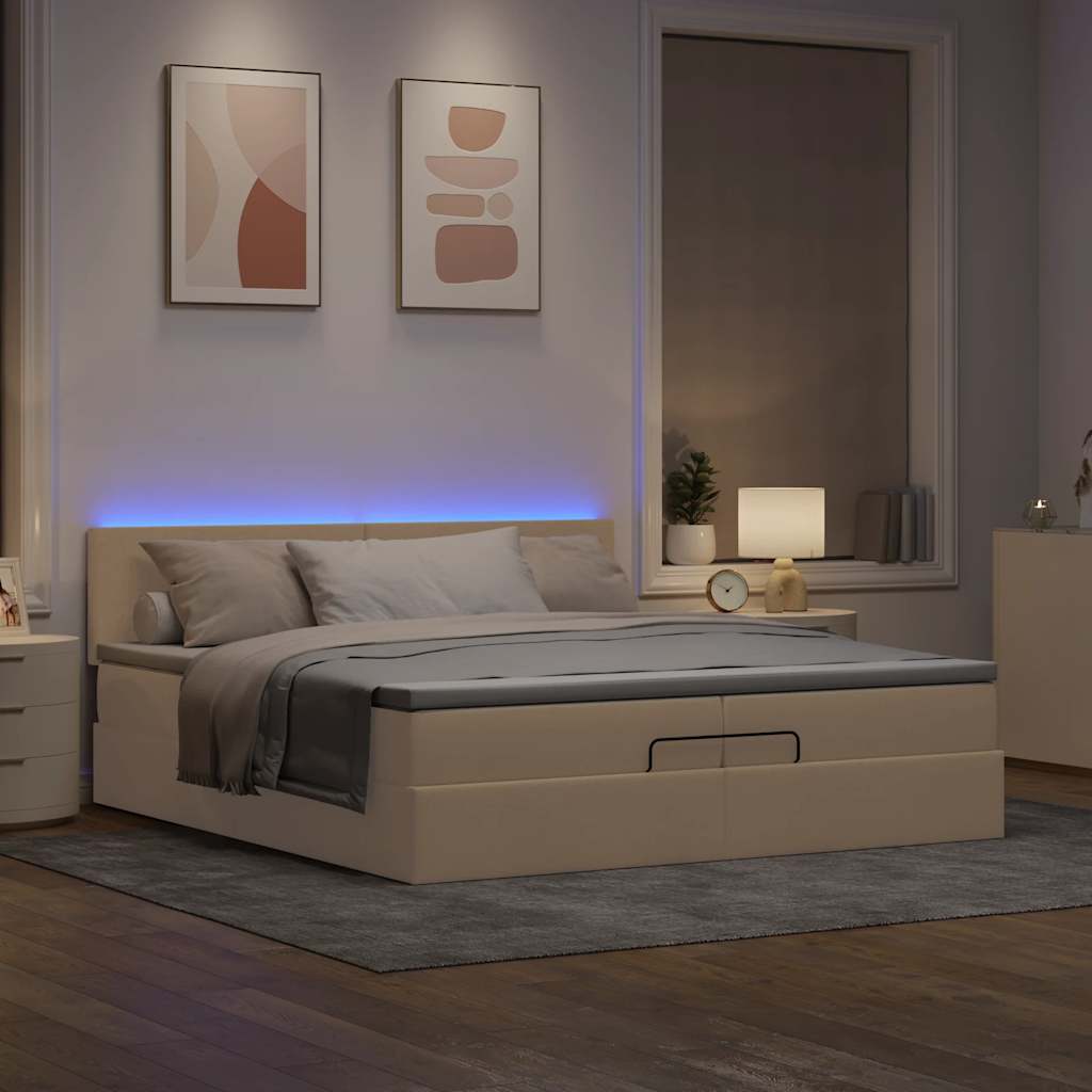 Ottoman bed met matrassen en LED's 200x200cm stof crèmekleurig is nu te koop bij PeponiXL, paradijselijk wonen!