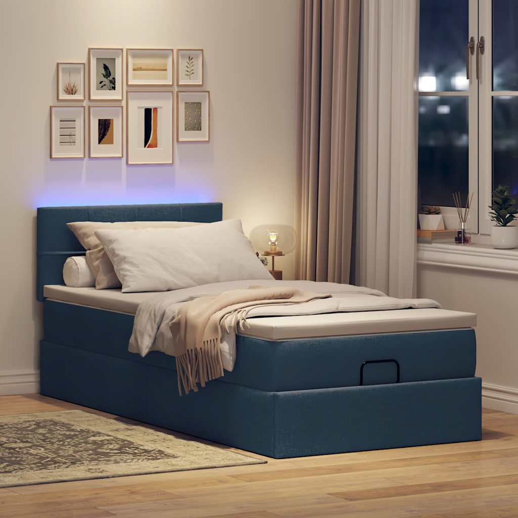Ottoman bed met matras en LED's 90x190cm stof blauw is nu te koop bij PeponiXL, paradijselijk wonen!