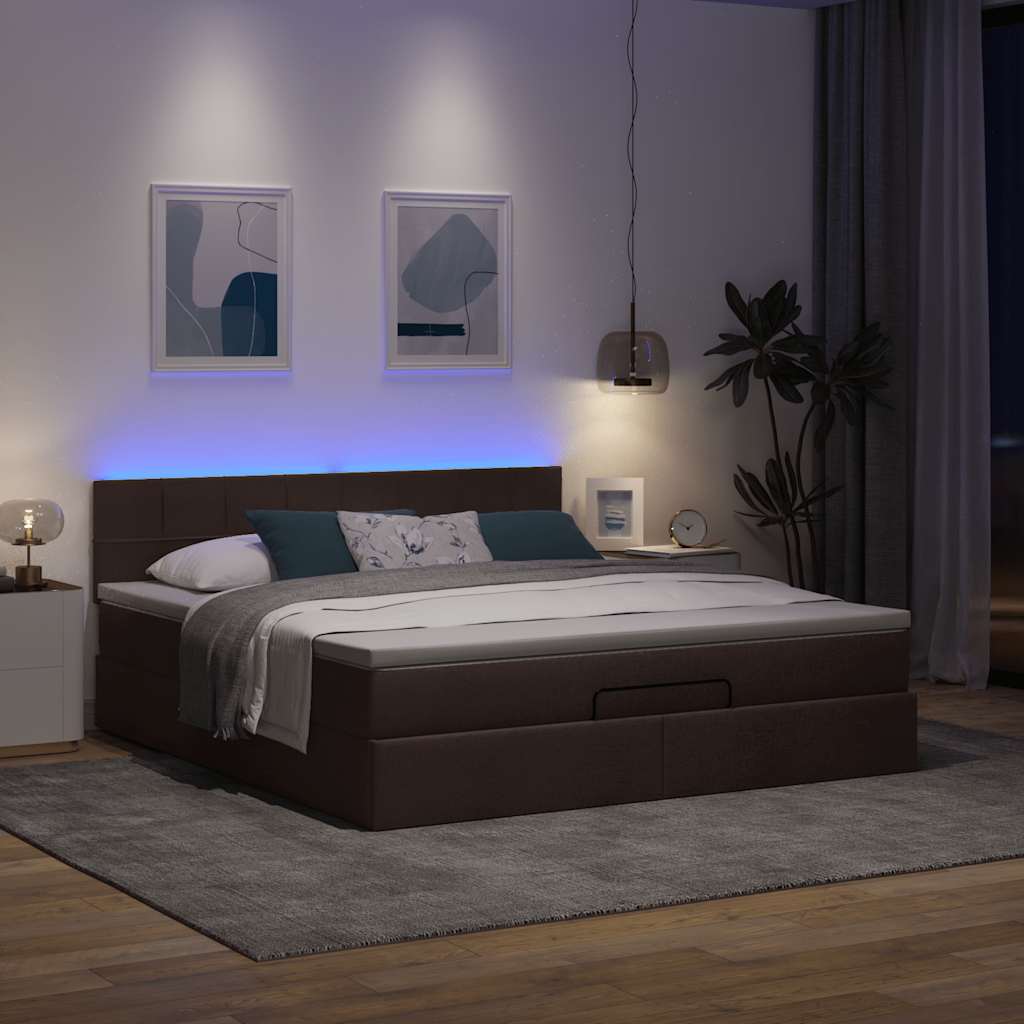 Bed poef met matras en LED's stof 180x200 cm donkerbruin